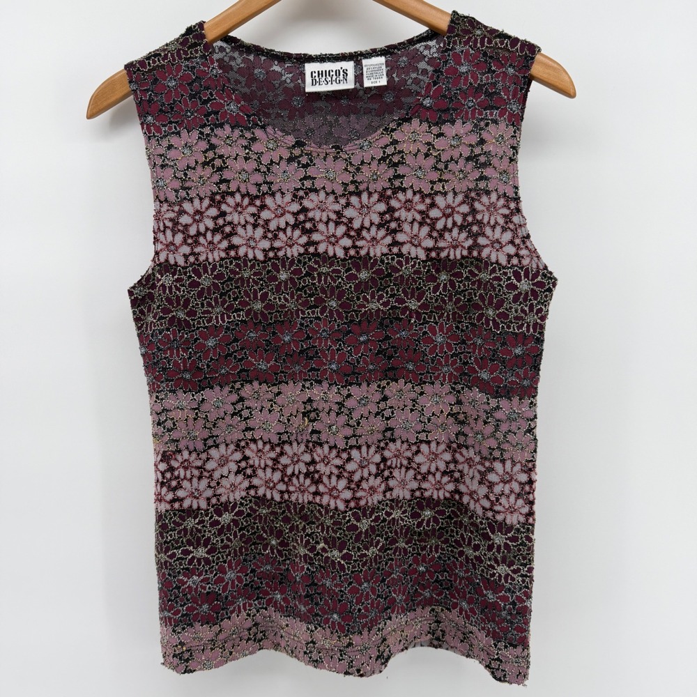 Chicos Design Floral Lace Metallic Mesh Sleeveless Shell Top Size 1 medium VTG